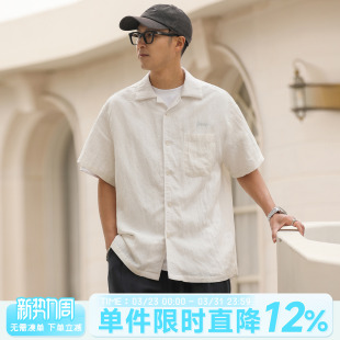 男士 潮牌夏季 宽松休闲衬衣 衬衫 轻薄嘿马七作日系复古亚麻混纺短袖