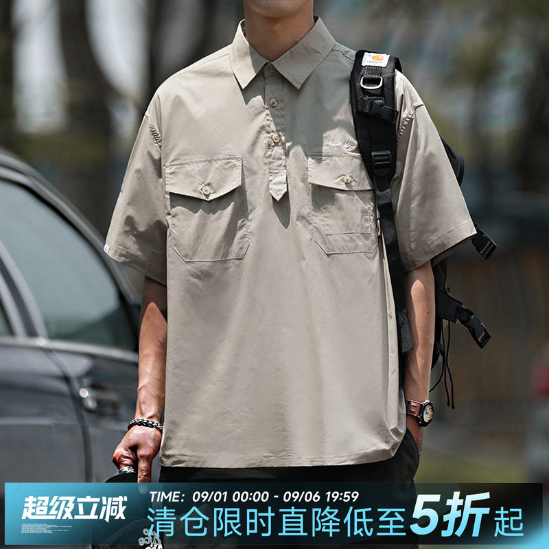 嘿马七作日系复古工装短袖衬衫图片