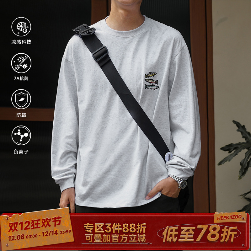 嘿马七作小鱼刺长袖T恤男上衣潮
