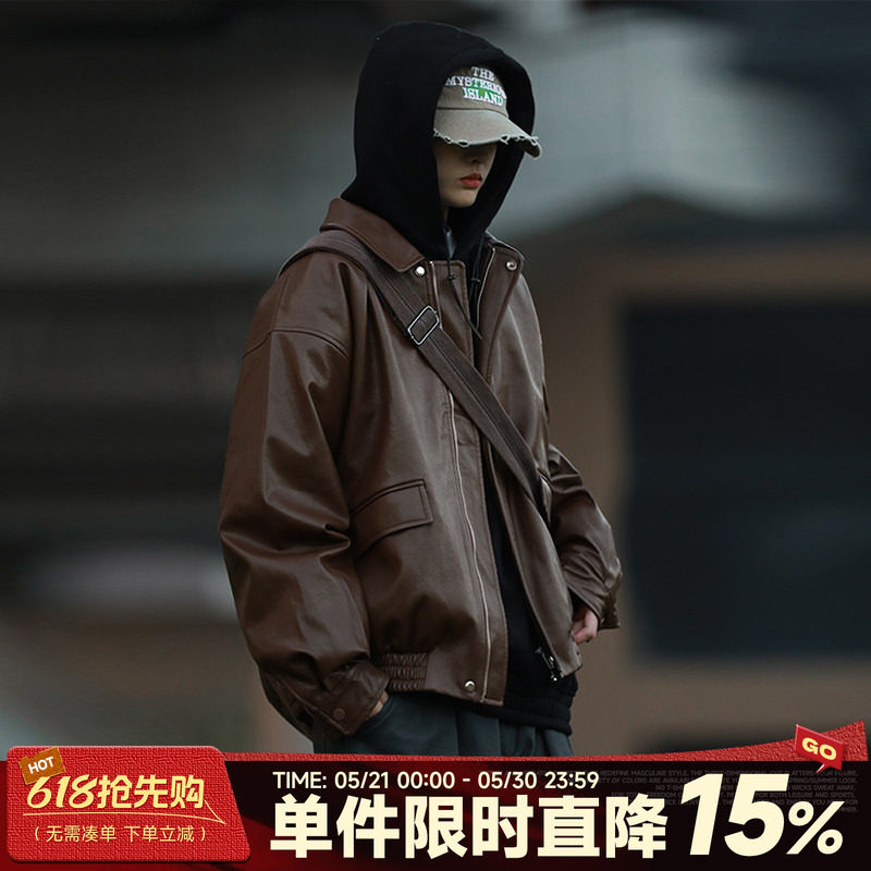 嘿马七作美式翻领皮衣短款外套复古春秋款男女休闲美拉德机车夹克