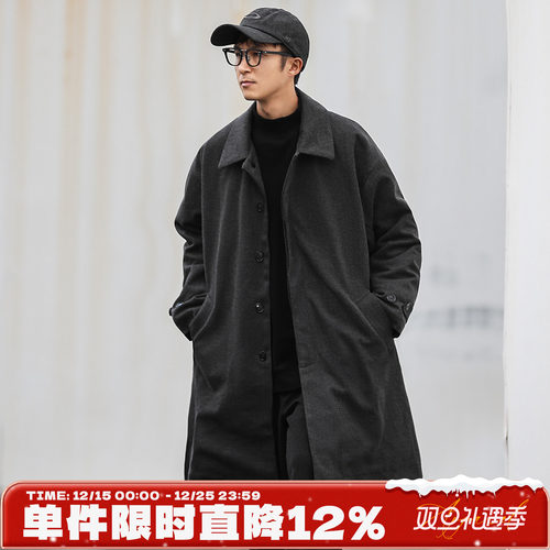 嘿马七作日系复古夹棉风衣人字纹星空呢中长款毛呢大衣男生外套潮