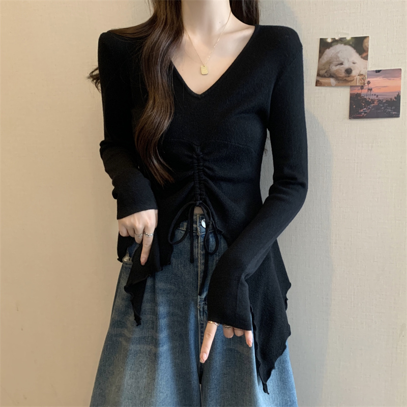 不规则抽绳黑色针织衫V领长袖女秋季新款大码胖mm打底衫内搭上衣