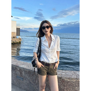女春夏季 修身 中袖 短款 收腰上衣 正肩衬衣短袖 专柜FANGTING白色衬衫