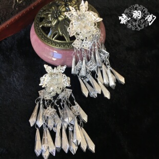 汉服配饰苗银小蝴蝶发夹长流苏古风民族风五毒cos古装发饰头饰