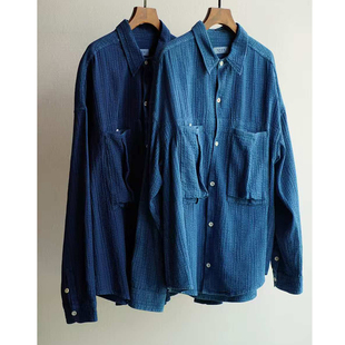 市井蓝染 手工古法植物染宽松休闲法式工装薄外套双面提花深浅蓝