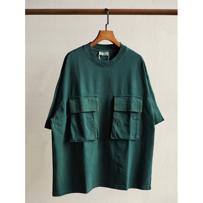 市井蓝染 手工古法植物染重磅袋盖短袖T恤复古休闲宽松圆领tee2色
