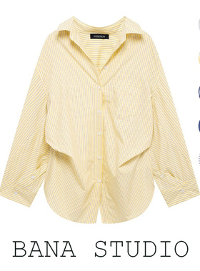 BANA西班牙外贸出口宽松大码褶皱条纹长袖衬衣衬衫上衣女春秋新款