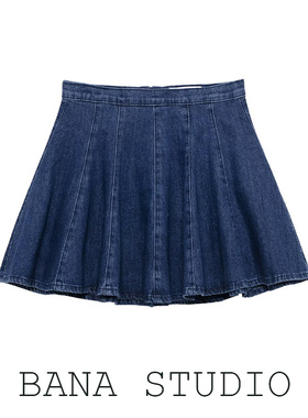 BANA西班牙外贸出口深蓝色牛仔半身裙女高腰百褶伞裙a字迷你短裙