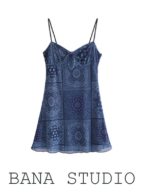 BANA外贸蓝色蝴蝶结吊带短裙别致惊艳酷拽连衣裙甜辣女夏季小个子