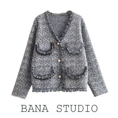 V领名媛宽松针织水貂绒毛衣开衫