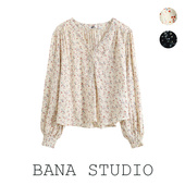 V领灯笼袖 女装 短款 长袖 BANA秋装 套头衬衫 日单牛货外贸清仓OL大码