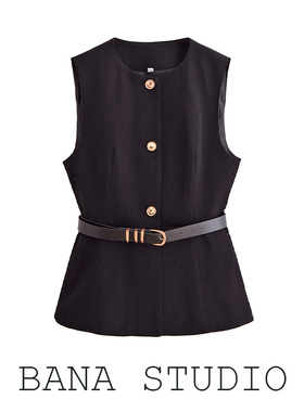 BANA西班牙外贸出口修身黑色圆领开叉腰带收腰无袖西装马夹马甲女