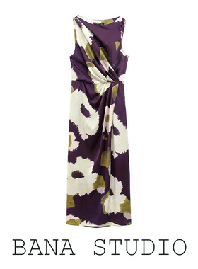 BANA西班牙外贸出口优雅紫色花色褶皱收腰中长款背心裙无袖连衣裙