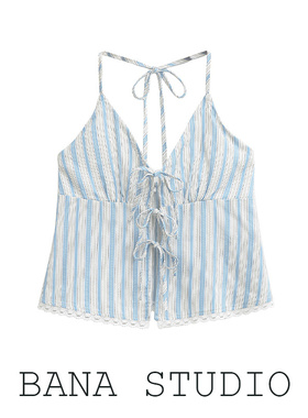 BANA外贸出口波西米亚蓝色条纹蕾丝花边露背短款挂脖吊带背心上衣