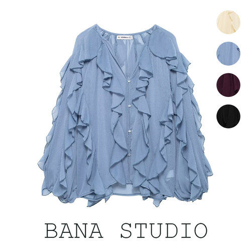 慵懒荷叶边V领雪纺长袖衬衫女