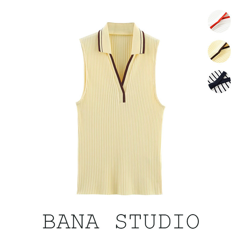 Polo翻领罗纹坑条无袖针织背心女