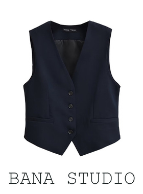 BANA西班牙外贸出口修身藏青色V领西装背心马甲短款马夹女高级感