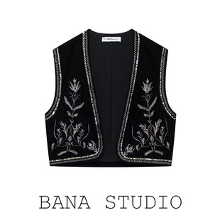 BANA西班牙外贸出口波西米亚民族风亮片绣花黑色天鹅绒短款马甲女