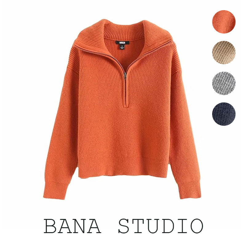 翻领简约宽松半拉链针织衫