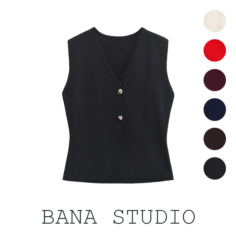 BANA西班牙外贸出口黑白V领收腰显瘦开叉短款针织背心马甲上衣女