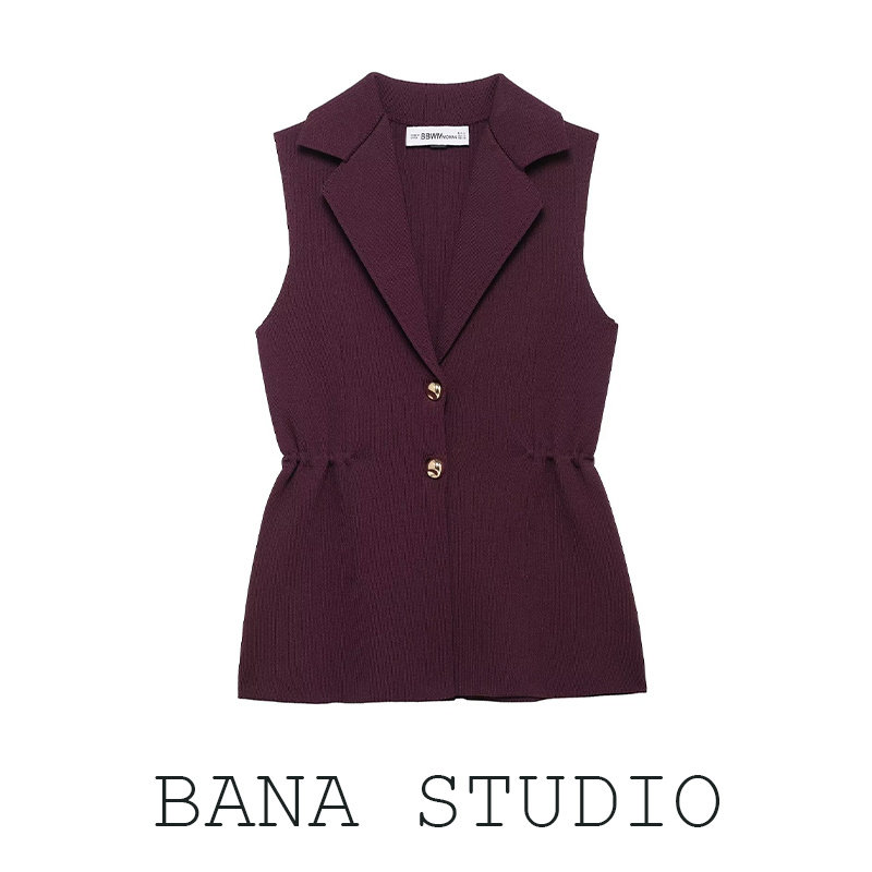 酒红收腰翻领无袖针织背心马甲女