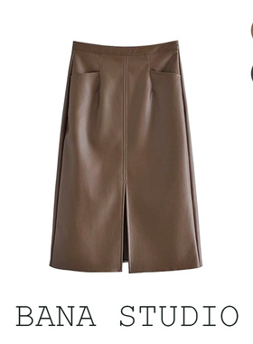 BANA意大利外贸大牌女装法式棕色修身高腰开叉A字皮裙半身裙长裙