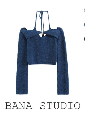 BANA外贸挂脖蓝色高腰针织衫ins温柔风短款时尚早春chic上衣甜辣