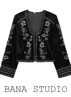 BANA西班牙外贸出口民族风黑色U领重工刺绣天鹅绒短款外套短外套