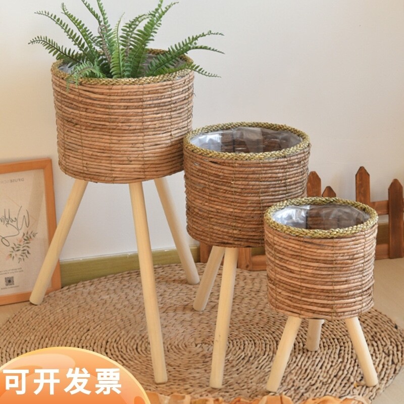 北欧藤编花架阳台植物装饰花盆