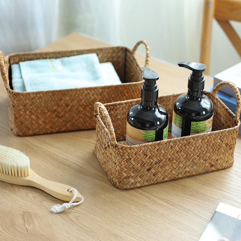 日式草编客厅电视柜杂物零食筐桌面整理篮子化妆品面膜收纳盒