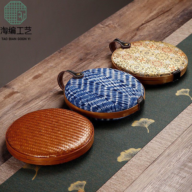 复古竹编圆形茶饼盒分茶盘七子饼普洱茶收纳盒茶叶包装小号礼品盒