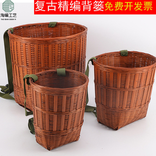 竹编背篓精编复古双肩带背篓采茶竹篓子家用竹背筐加厚承重力强