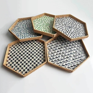 藤编贝壳托盘编织收纳盘创意六角形点心盘客厅茶盘水果盘收纳盘