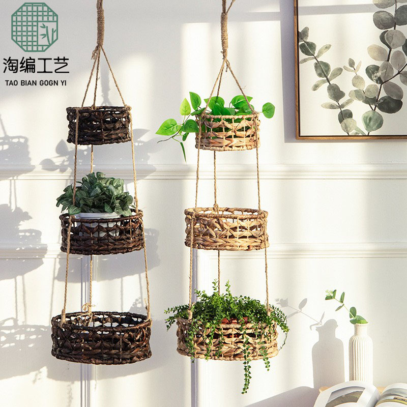 吊篮花盆三层草编圆形挂式花篮
