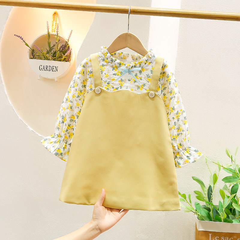 女童纯棉连衣裙秋装2025新款洋气春秋儿童假两件小童碎花长袖裙子