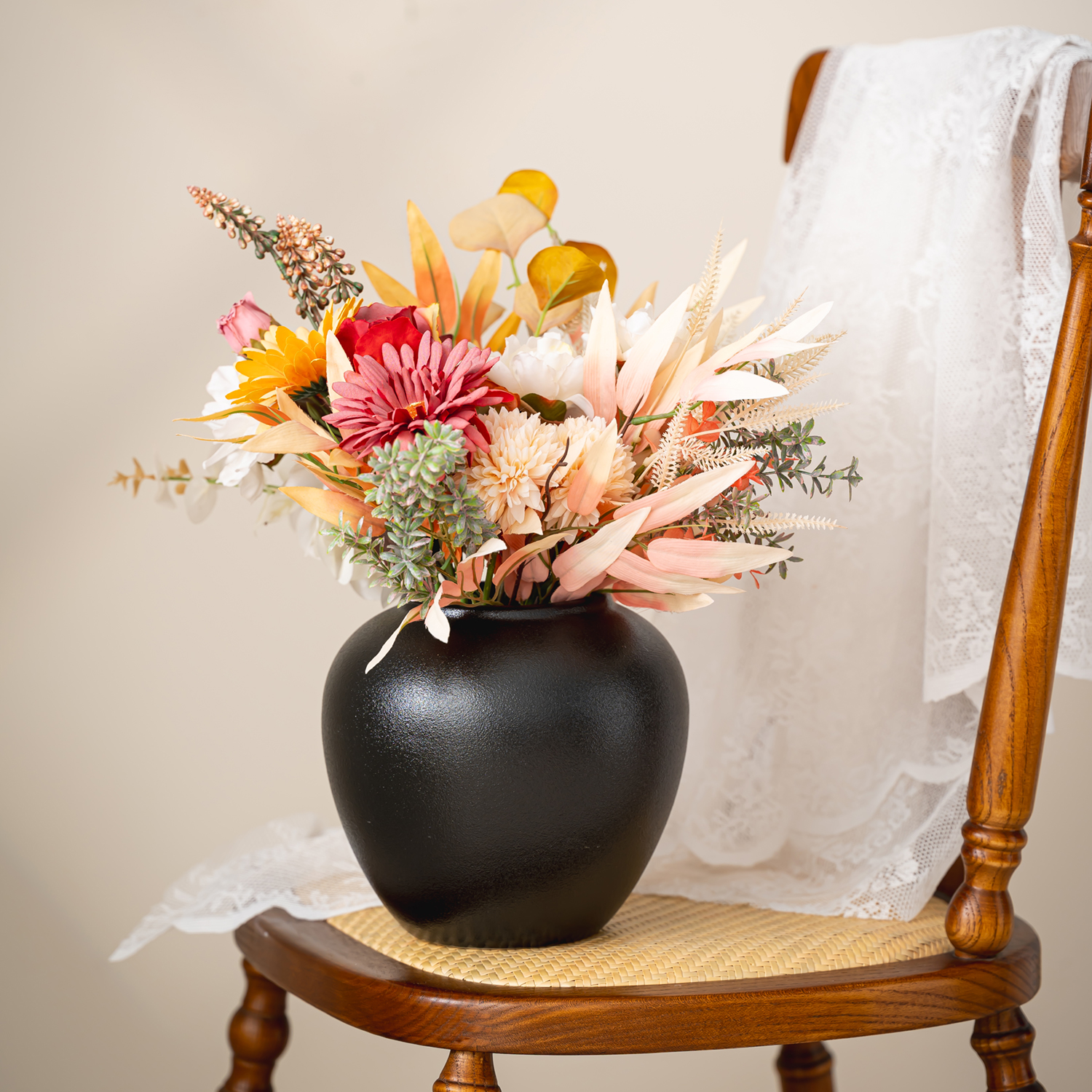 侘寂风黑色陶瓷大肚花瓶摆件客厅样板房间插花艺装饰品水养鲜花器