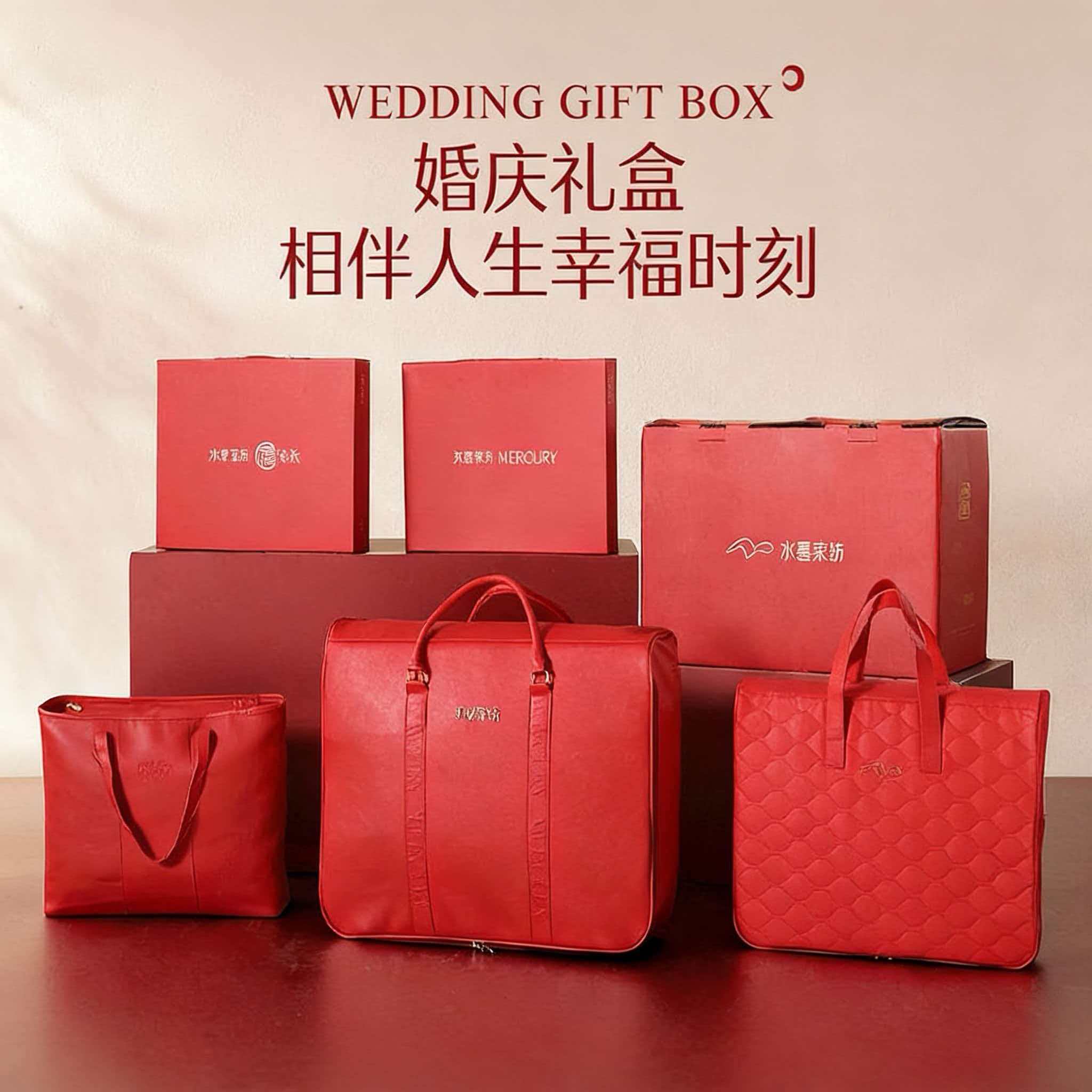 水星家纺婚庆手提袋包装结婚被子袋套件礼盒大红色陪嫁喜庆包装