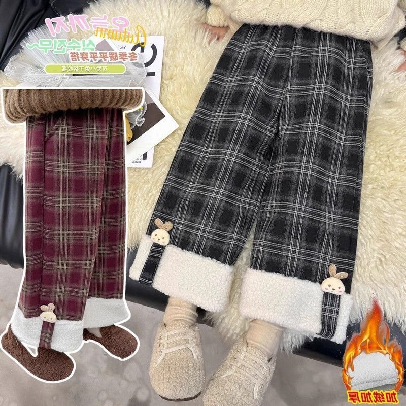 女童加绒秋冬新款洋气宝宝格子直筒裤小女孩加厚保暖一体绒阔腿裤