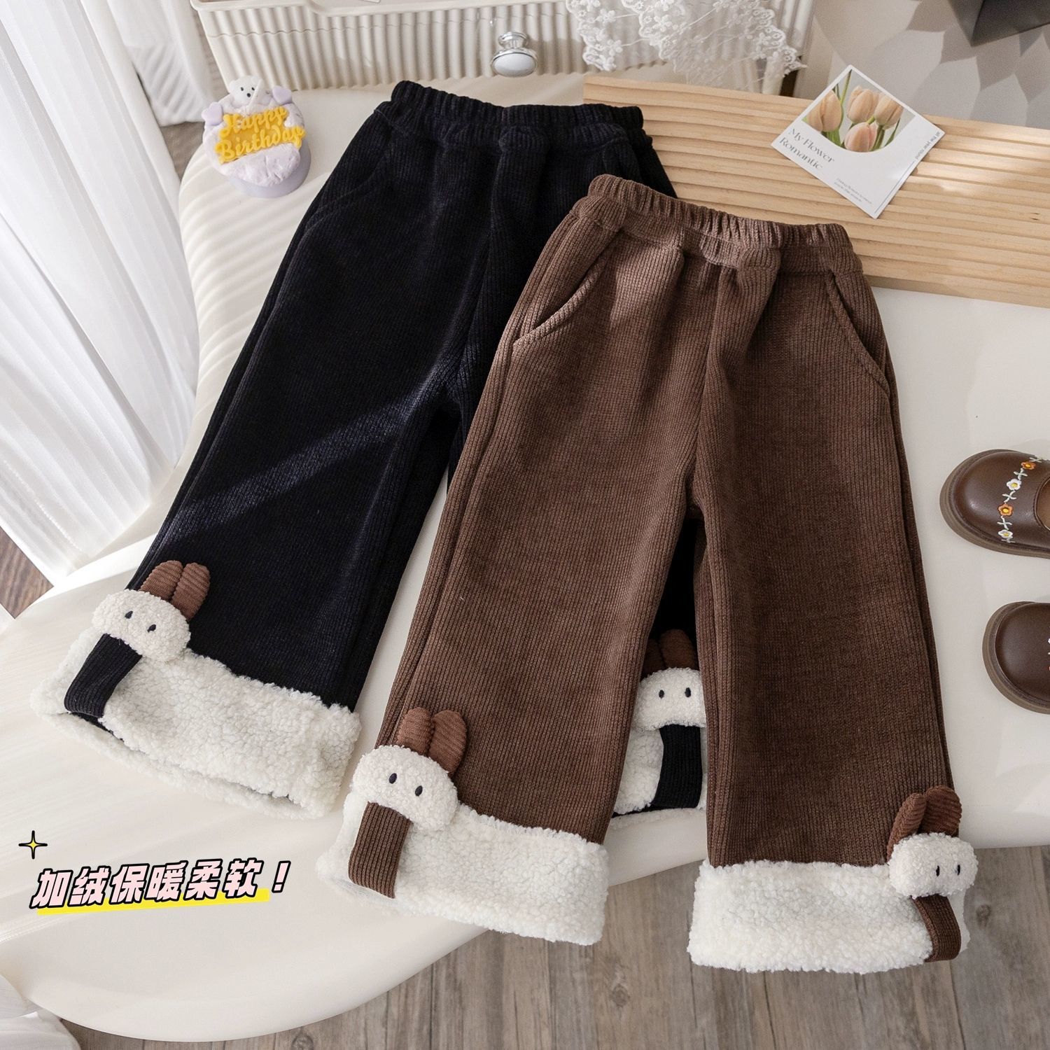 女童冬装加绒阔腿裤宝宝韩版卡通兔子休闲裤女孩冬季加厚保暖长裤