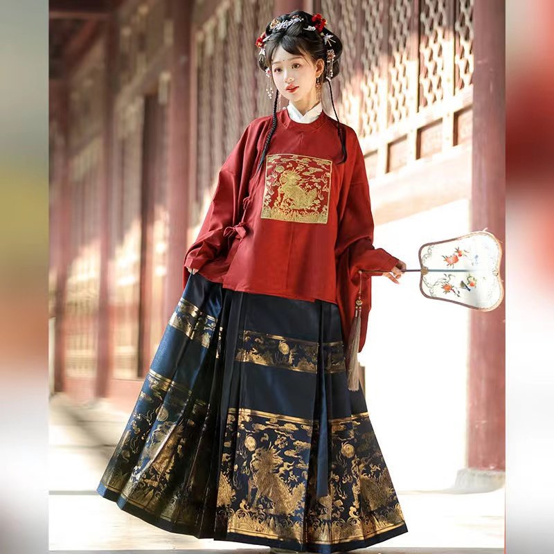 出租汉服女明制伴娘服圆领大襟琵琶袖短袄织金马面秋冬款姐妹团