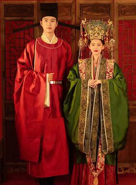 出租红色绿色宋制婚服国庆中式婚礼新郎新娘汉婚服装租赁出租借