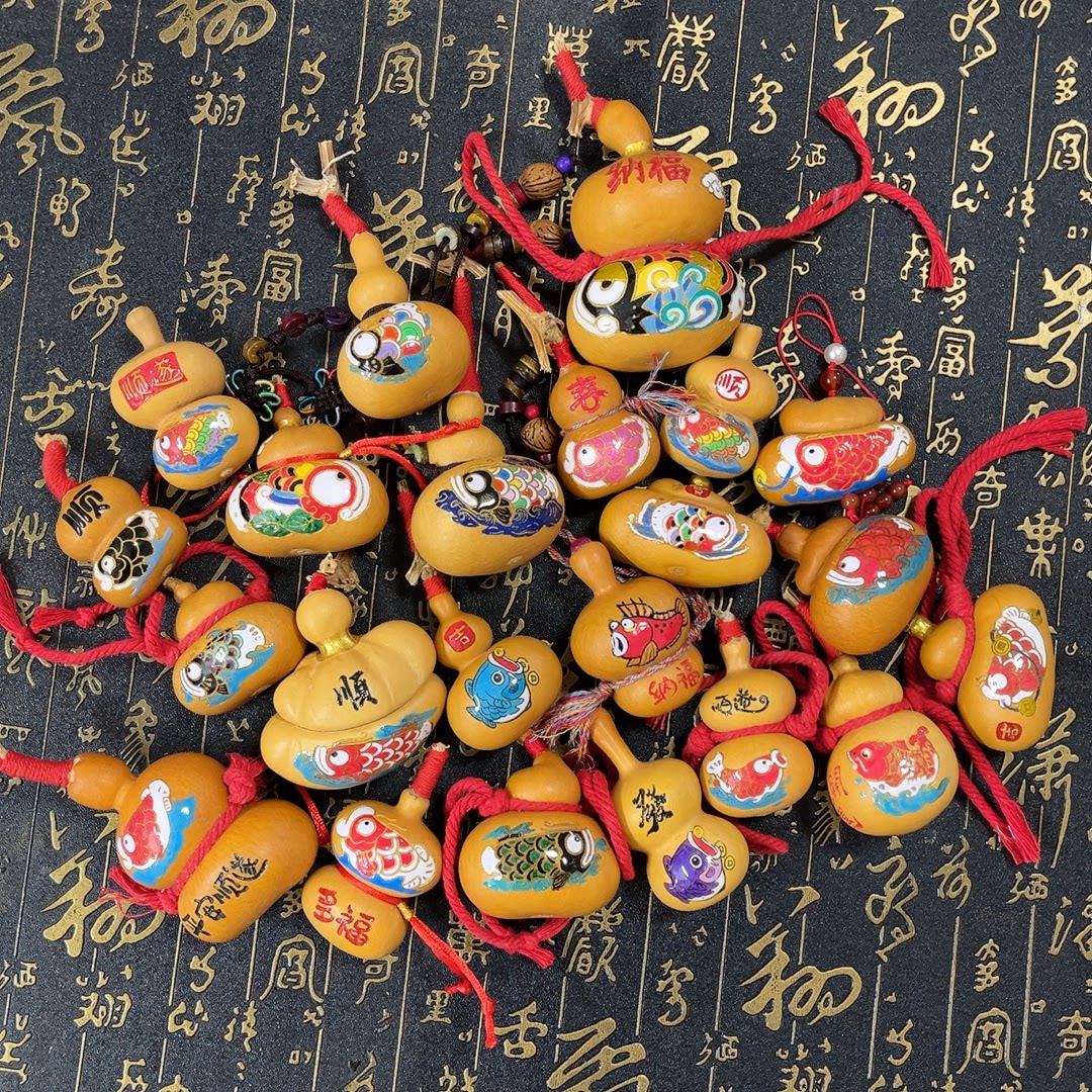 手工葫芦文玩摆件精美福字葫芦挂饰工艺品天然墨刻葫芦挂件烙画