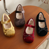 加绒保暖外穿宝宝鞋 蝴蝶结百搭丝绒女童公主鞋 儿童棉鞋 韩国秋冬季