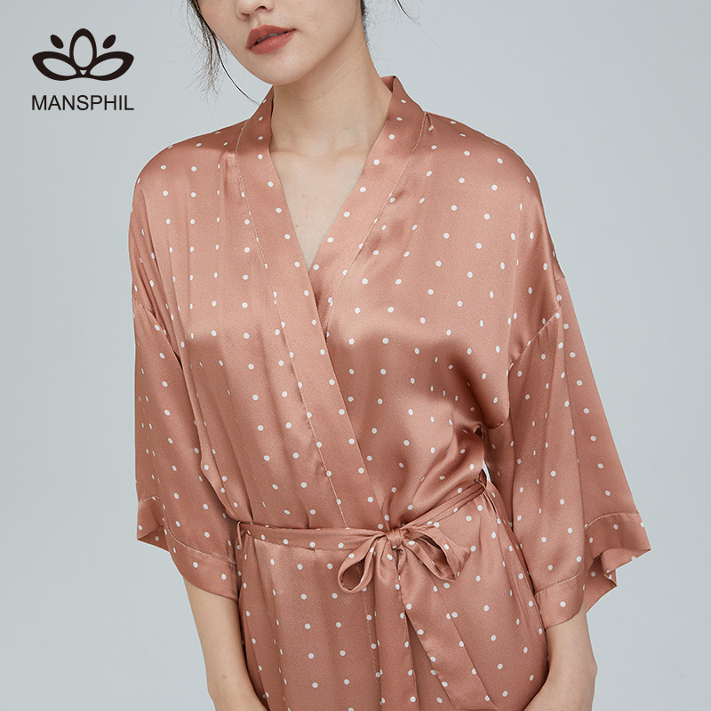 MANSPHIL桑蚕丝家居服波点甜美圆点印花宽松真丝睡袍女夏睡衣浴袍