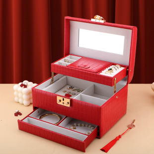 高端精致皮质首饰盒结婚嫁妆红色中式带锁项链戒指珠宝饰品收纳盒