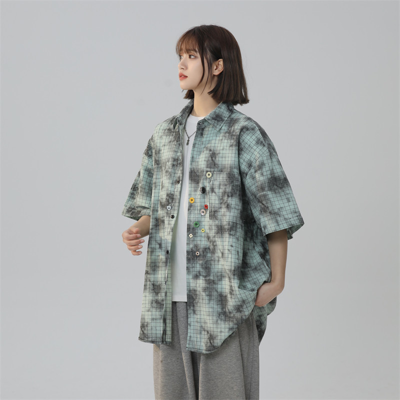 2024潮牌设计感夏季宽松大码短袖格子花衬衫男女226-3-D1116-P60,男装衬衫,星座226-3