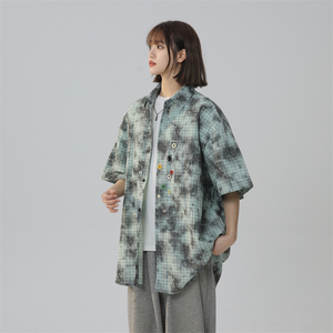 2024潮牌设计感夏季宽松大码短袖格子花衬衫男女226-3-D1116-P60图片