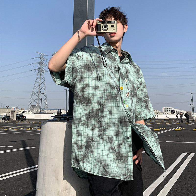 2024潮牌设计感夏季宽松大码短袖格子花衬衫男女226-3-D1116-P60，男装衬衫，星座226-3