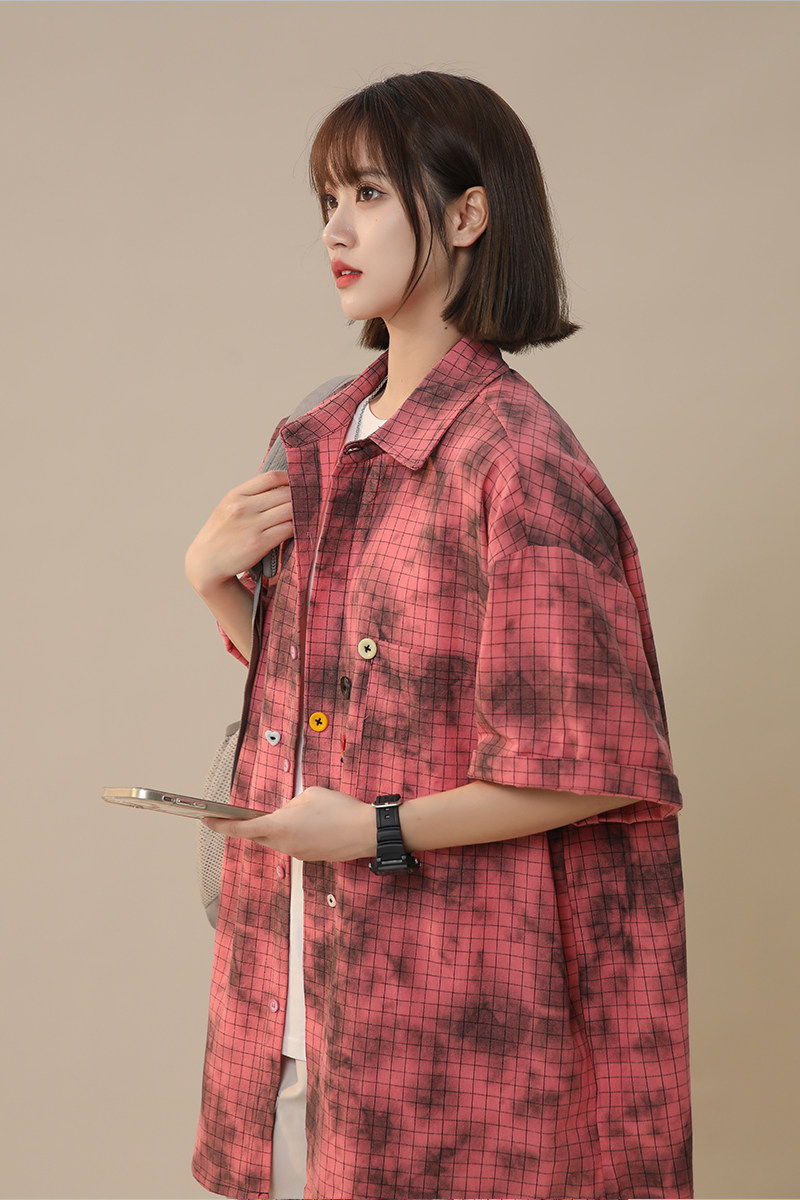 2024潮牌设计感夏季宽松大码短袖格子花衬衫男女226-3-D1116-P60,男装衬衫,星座226-3