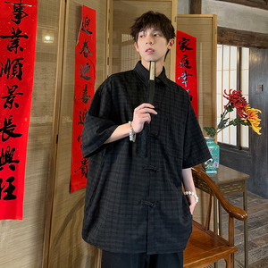2024夏大码宽松复古新中式风风盘扣五分袖格子衬衫 6286-P48,男装衬衫,星座226-3